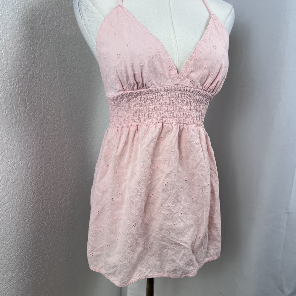 Y2K Eyelet Embroidered Babydoll Halter Top Womens Medium Pink Cotton Coquette